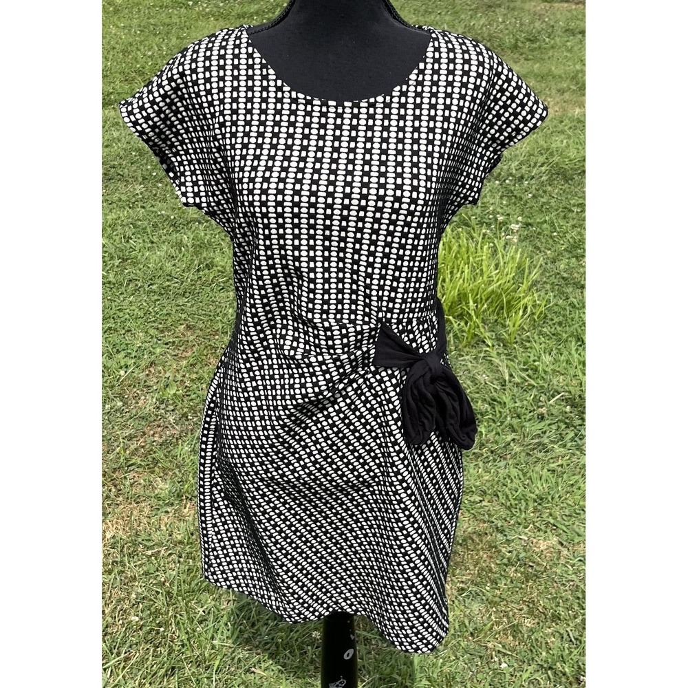 Saturday Sunday Dress Womens Small Black White Geometric Bow Waist Short‎ Sleeve